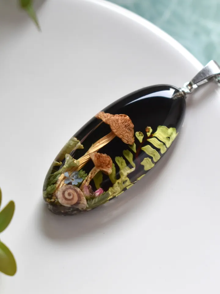 Real mushroom necklace. Pendant with a forest composition. Necklace with dried mushrooms in resin.