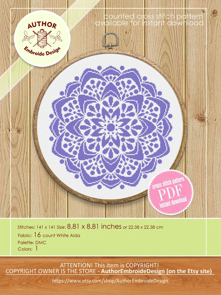Flower mandala cross stitch pattern PDF download Monochrome mandala pattern digital PDF, Simple cross stitch chart for beginner #M246