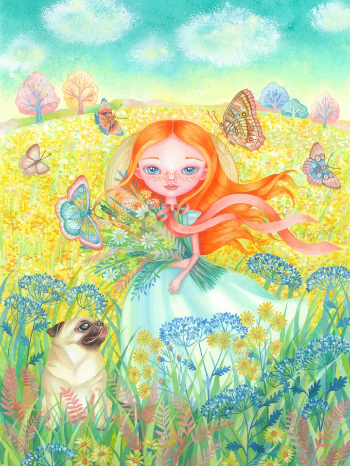 digital illustration a girl with a bouquet of wild flowers