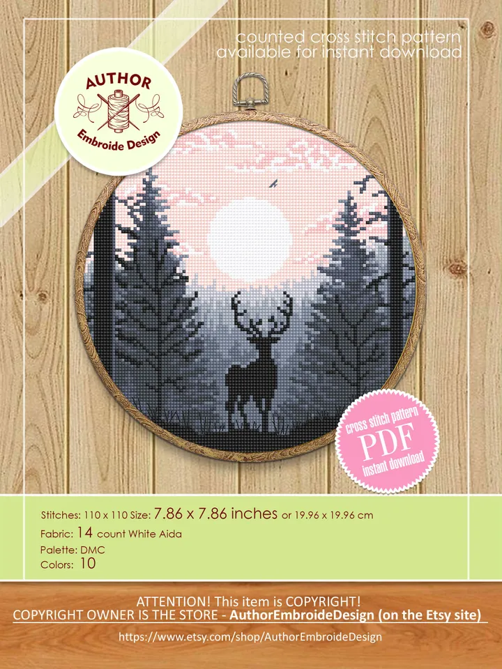 Nature landscape cross stitch pattern PDF download Deer cross stitch chart, Simple cross stitch beginner, Forest sunset digital pattern #L74