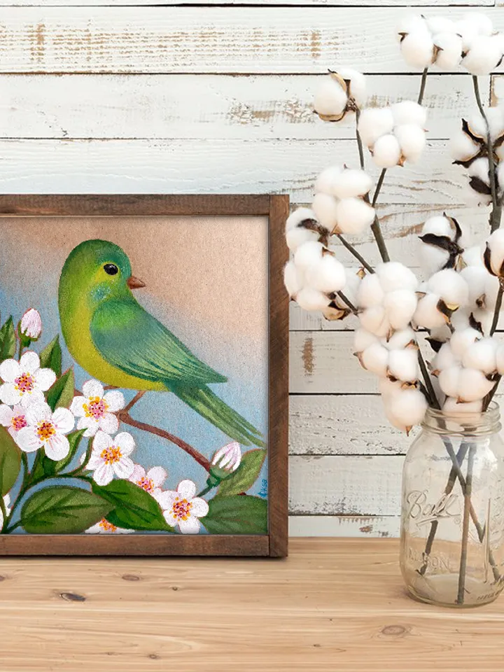 Green Bird in Bloom Painting with Colored Pencils and Acrylic Original Drawing/Painting on paper/Children's picture/Colored Pencils Bird Art