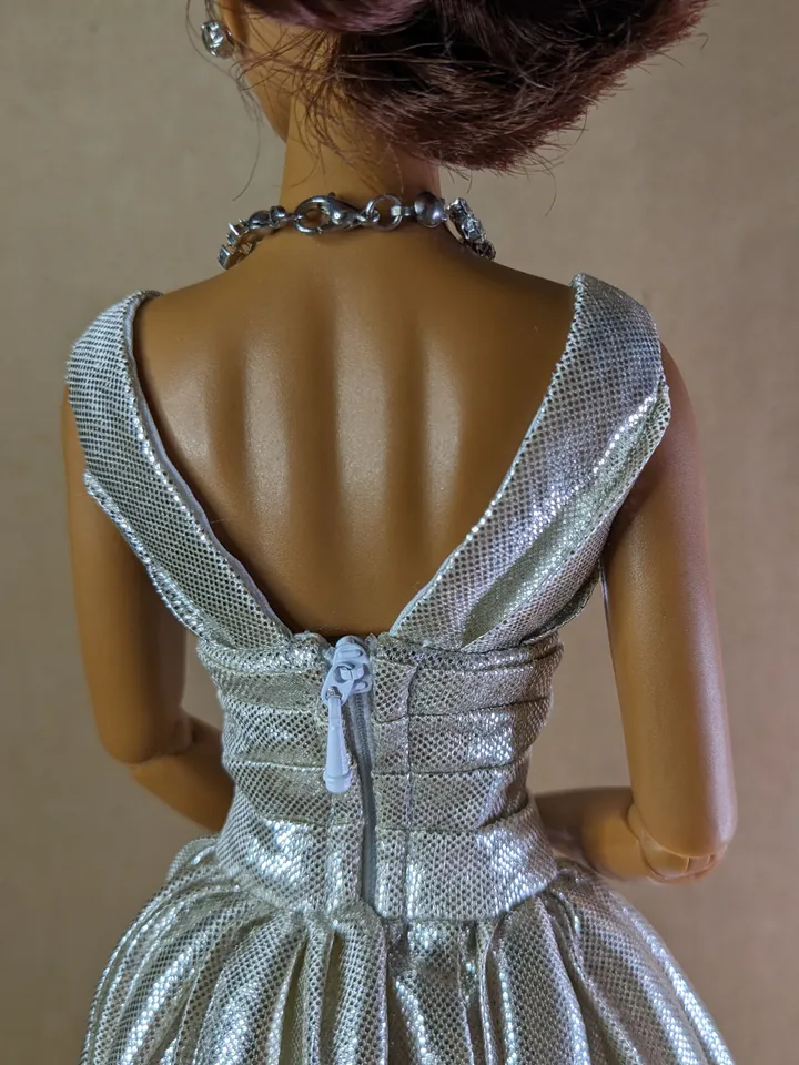 Silver pleated evening dress for 16 inch fashion doll