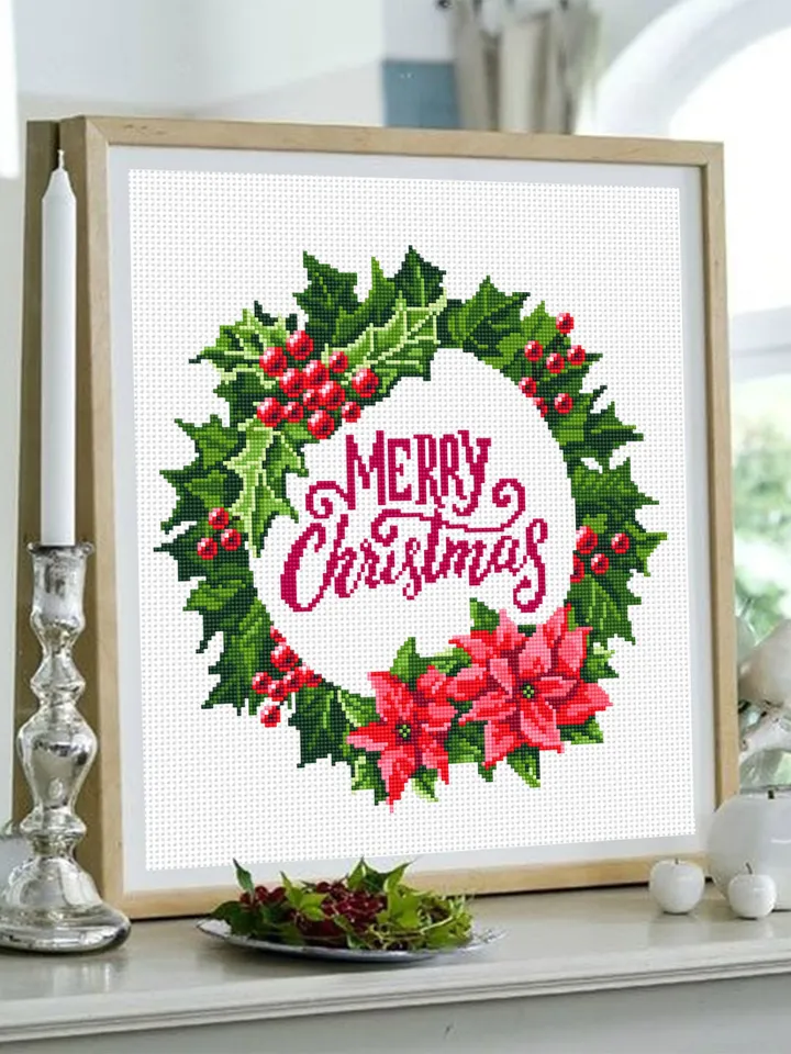 Christmas wreath cross stitch pattern PDF Poinsettia wreath cross stitch chart, Holiday cross stitch Instant download PDF, Holly berry #N17