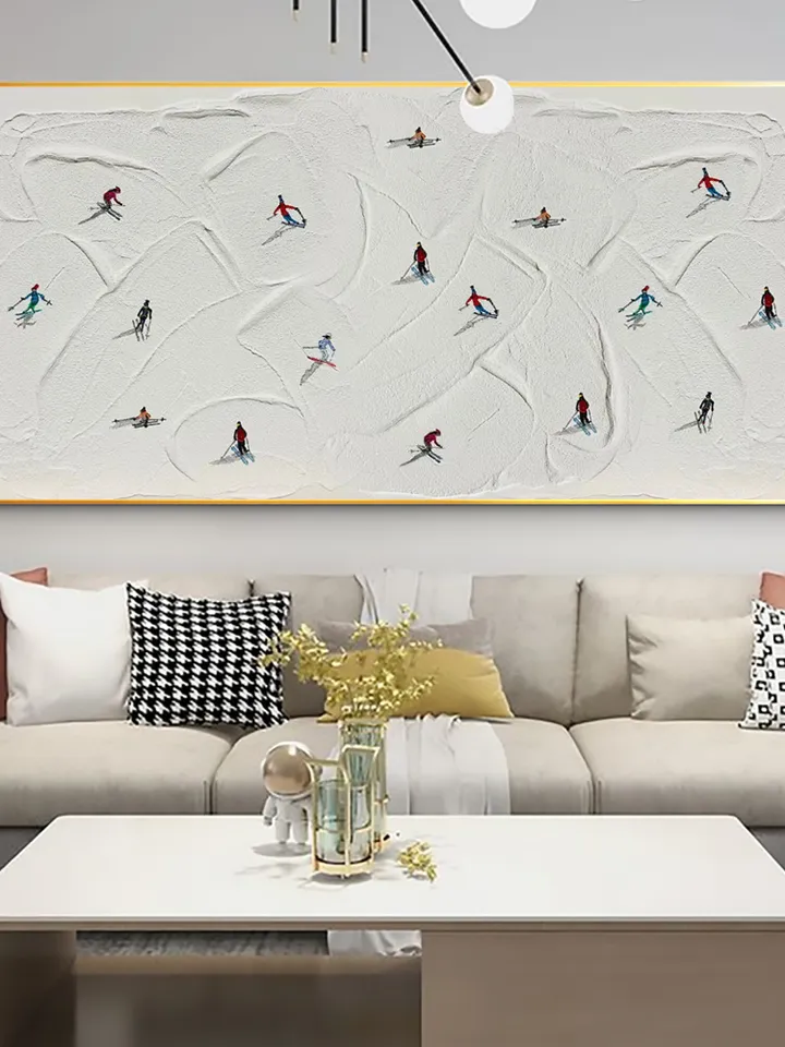 Large Original Ski Sport Painting on Canvas, Texture Wall Art, Skier on Snowy Mountain Art White Snow Skiing Art Custom Painting, Home Decor