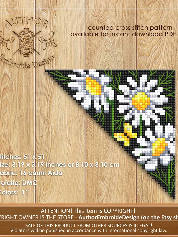 Corner bookmark chamomile cross stitch pattern PDF download Chamomile flowers cross stitch chart, Floral bookmark corner digital PDF #B205