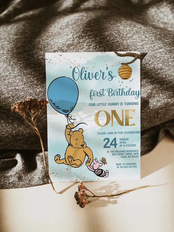 Classic Winnie Pooh Baby Birthday Invitation; Winnie Pooh Baby Birthday ; Greenery Baby Birthday; Honey Bear Birthday; Winnie Pooh wp5