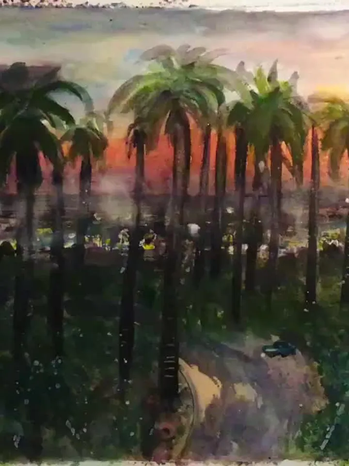 Los Angeles original watercolour painting,sunset palm trees painting,wall art,city painting,USA painting,unique handmade watercolor art.
