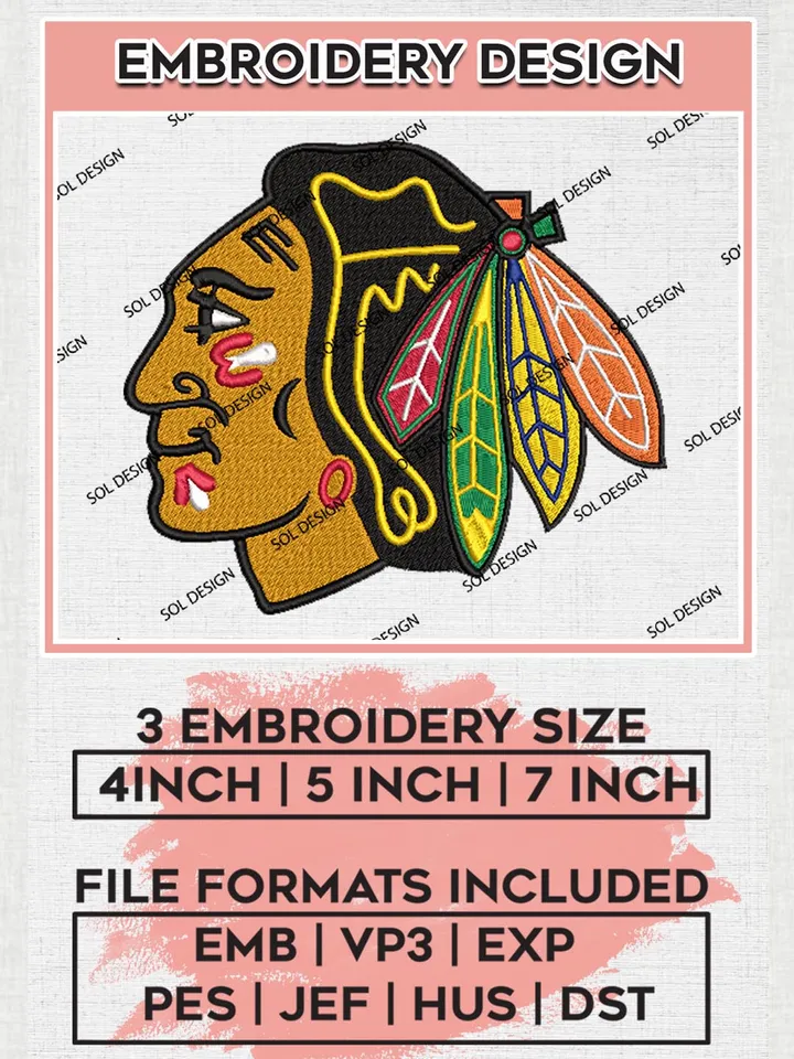 Chicago Blackhawks Machine Embroidery Files, NHL Chicago Blackhawks Embroidery Designs, NHL Chicago Logo, NHL Embroidery Design, Hockey Team, Digital Download