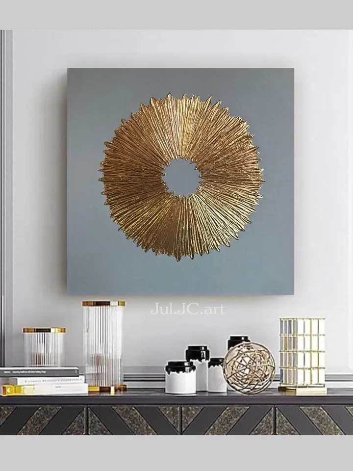 Gold and Gray Abstract Wall Art Textured Original Painting Gold Sun Wall Art | Modern artwork Above couch decor