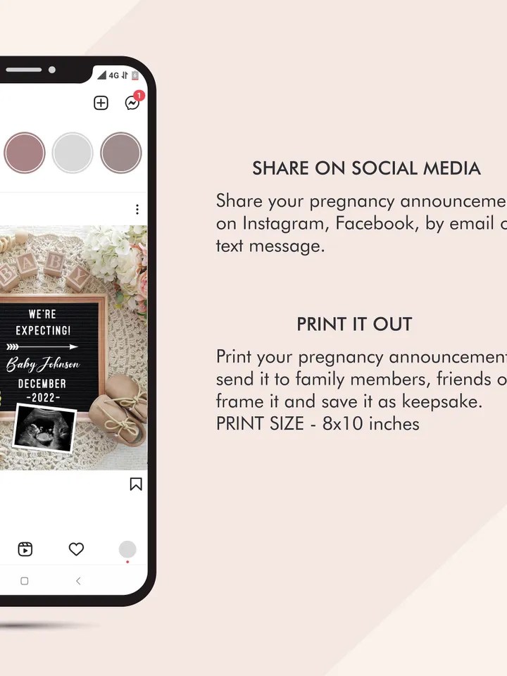 Pregnancy Announcement Digital, Baby Announcement for Social Media, Editable Template Digital File