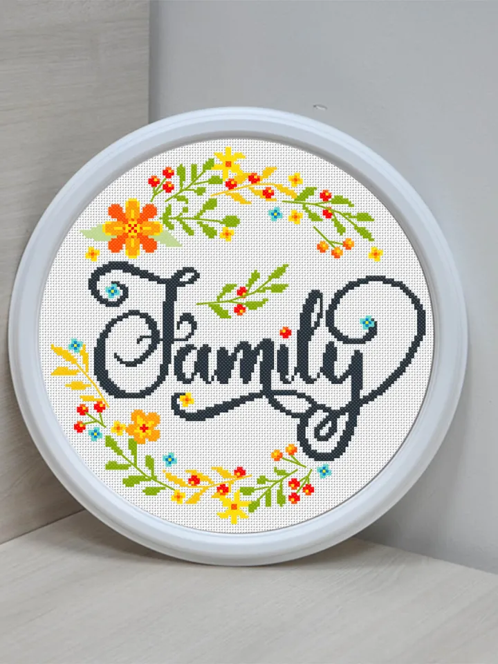 Family sign cross stitch pattern download PDF Framed quote cross stitch chart, Flower wreath cross stitch, Family wall decor #Q19