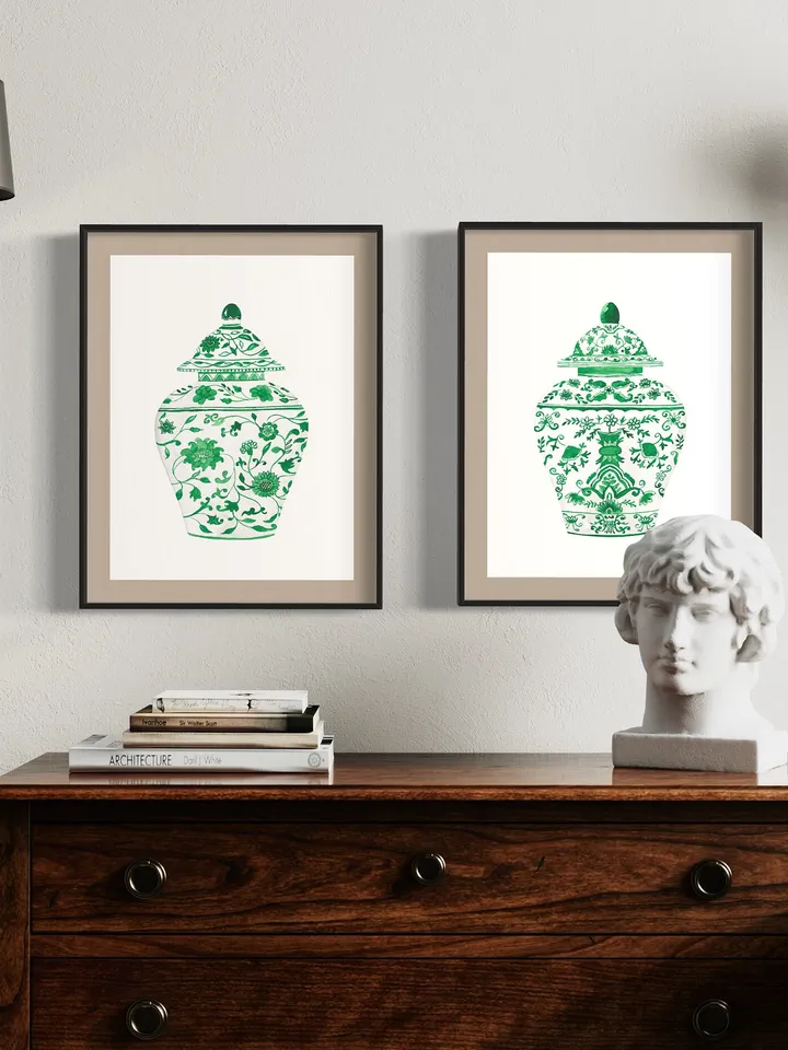 Green Chinoiserie Set Of 2 Posters Watercolor Porcelain Ginger Jar Wall Art Green Vase Print Gift Home Decor Asian Vase Watercolor Prints