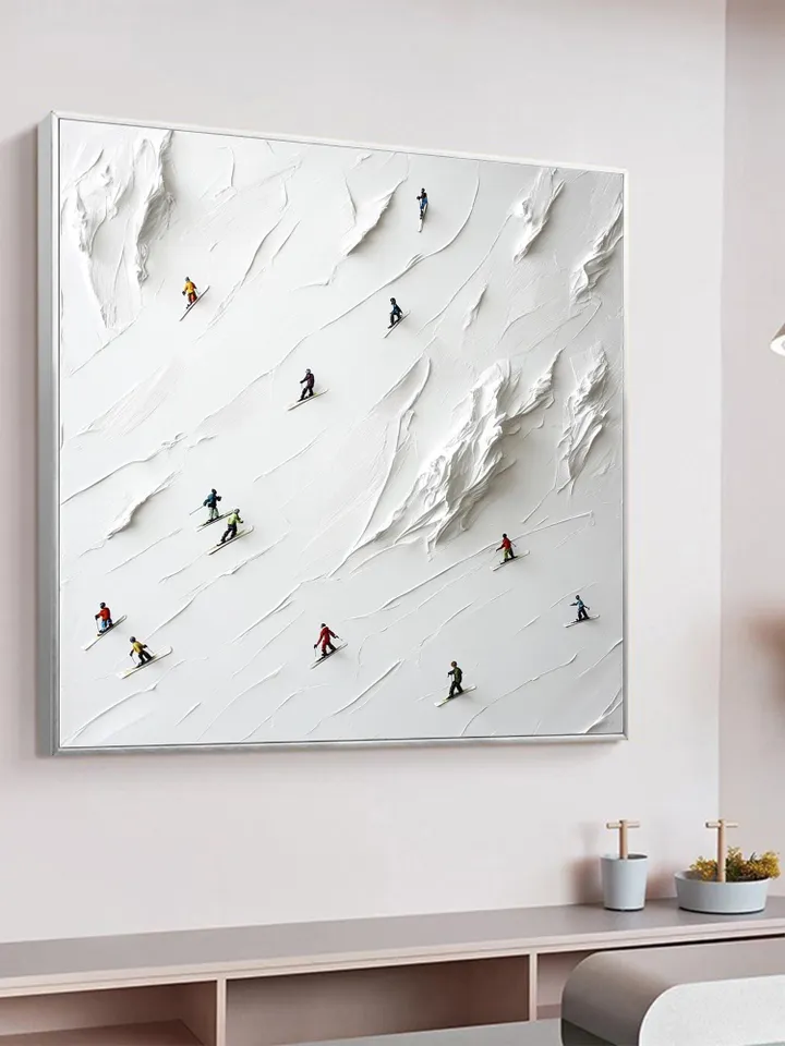 Skiers on the Slopes, 3D Impasto Winter Sports Art, Textured White Mountain Painting, Miniature Skiers Decor, Unique Gift for Ski Lovers