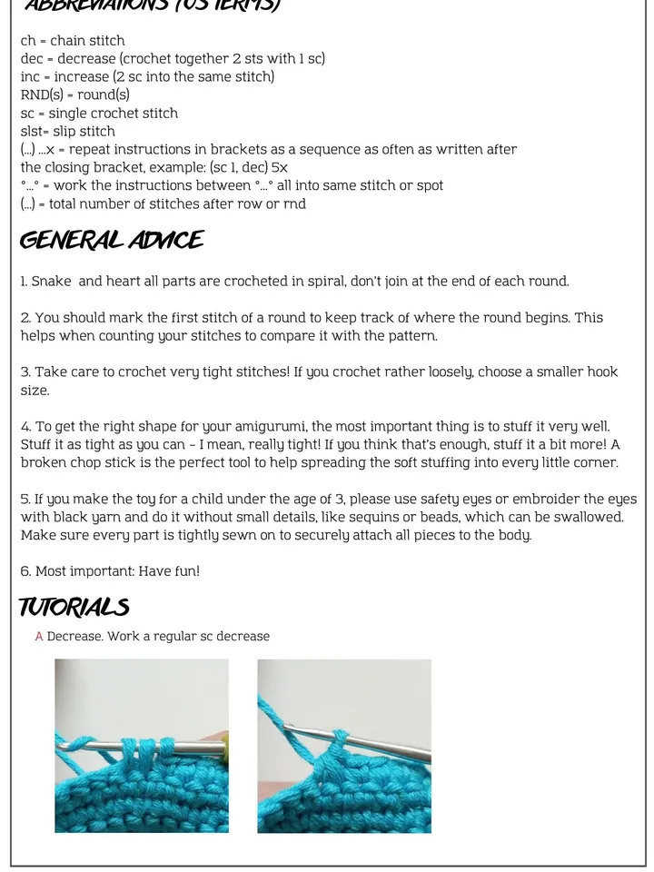 Snake plush crochet pattern No sew do it yourself Amigurumi tutorial PDF in English