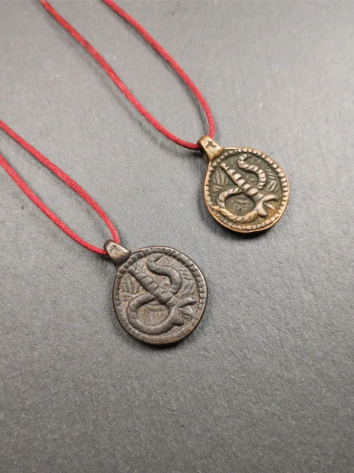 Gandhanra Handmade Tibetan Buddhist Amulet Pendant,Rod of Asclepius,Snake Stick, Made of Brass,0.87&quot;