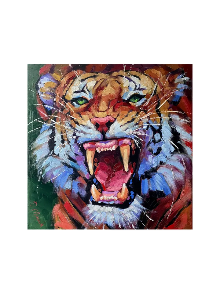 Tiger Painting Original Wild Animal Artwork Oil On Canvas 16x16 Inch Wildlife Wall Art