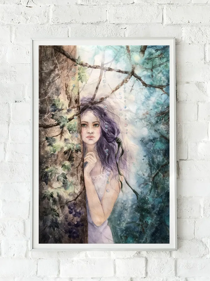 Woman in the Forest Painting Original Girl Watercolor Painting Forest Fairy