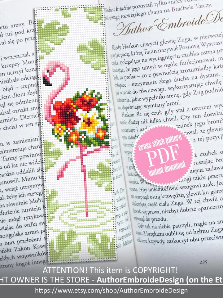 Flamingo bookmark cross stitch pattern PDF download Floral flamingo cross stitch chart, Flower bookmark pattern digital, Monstera leaf #B440