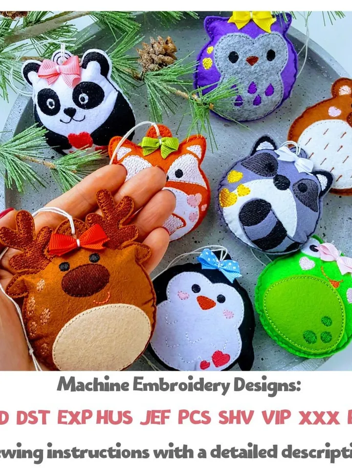 ITH Christmas Ball Ornaments Animal Faces Embroidery Design Set, Felt Tree Decorations Pattern, 4x4 Hoop File