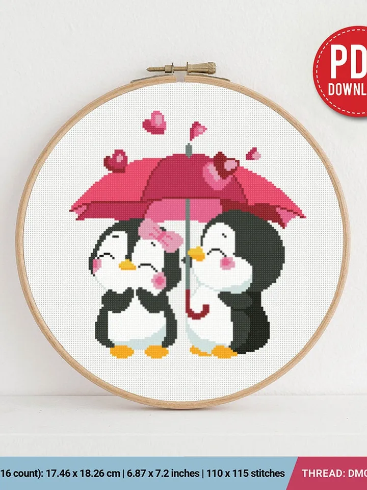 Funny Penguins Love Heart, ornament, nursery decor valentine's day cross stitch pattern, counted, chart, gift DIY, embroidery, instant PDF