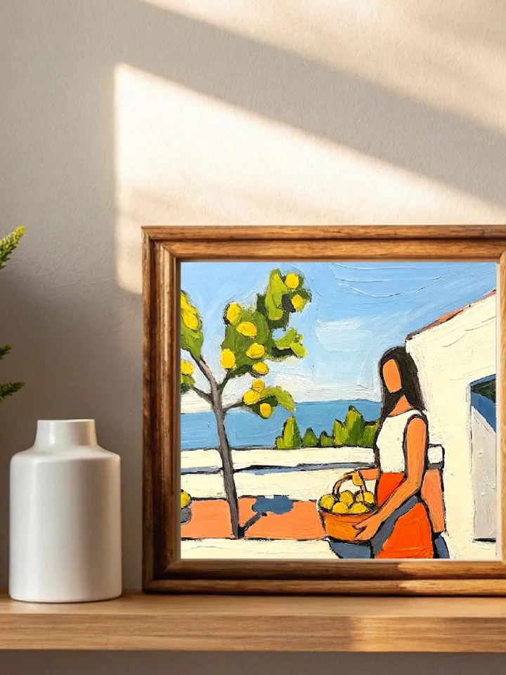 Woman with Basket of Lemons Oil Painting Yellow Lemon Tree Artwork Summer Kitchen Decor Gifts for Her by ArtProkopaloSv