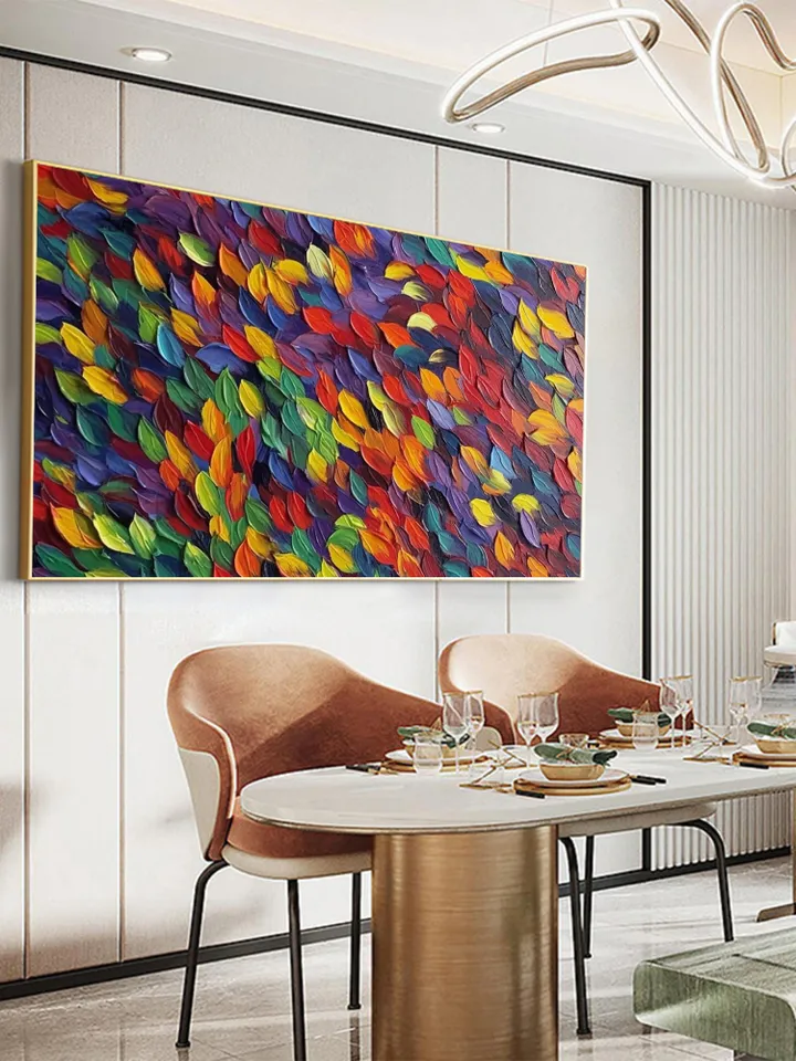 Original Rainbow Impasto Painting, Textured Abstract Art, Colorful Wall Art, 3D Canvas Art, Leaf Painting, Modern Art, Large Wall Decor