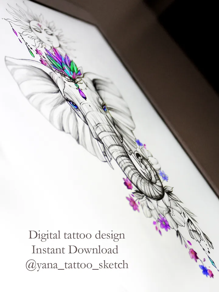 Elephant Tattoo Designs For Females Elephant Tattoo Idea Stencil Sketch, Instant download PDF, JPG