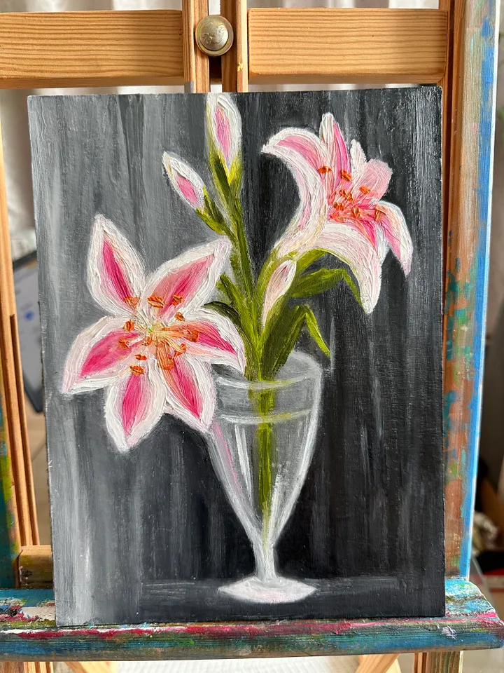 Oil Painting Pink Lilies in a Glass Vase Bouquet of Lilies Flowers Floral Still Life Nature Plants Wall Decor 9x7 inches 24x18 cm Cardboard