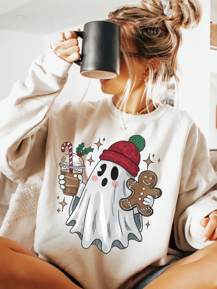 Vintage Christmas Ghost PNG for Retro Coffee Decor & Halloween Fun, Holiday PNG, Boojee Ghost - Spooky Holiday Decor, Christmas Trending Png