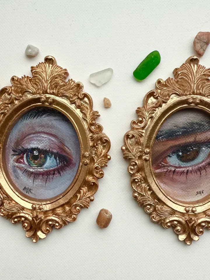 Original Framed Lover's Eye Antique Painting Illustration Vintage Style Small