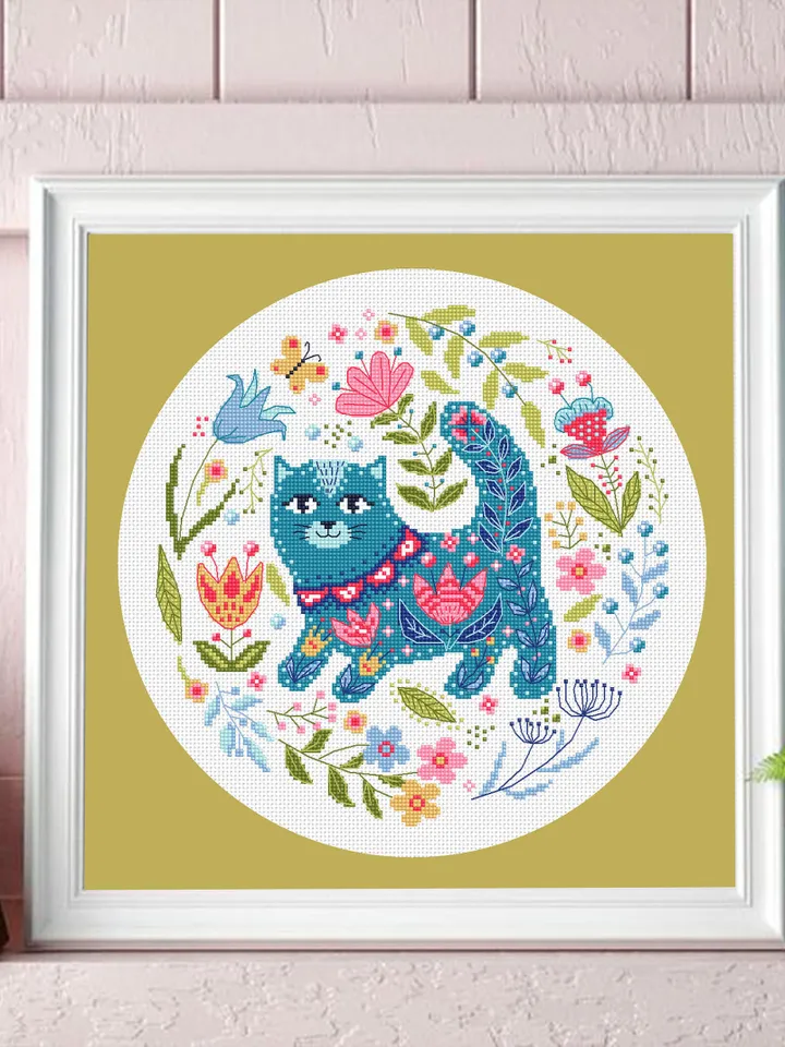 Floral cat cross stitch pattern PDF download Scandinavian folk cross stitch chart, Nordic cross stitch Scandinavian ornament embroidery #K20