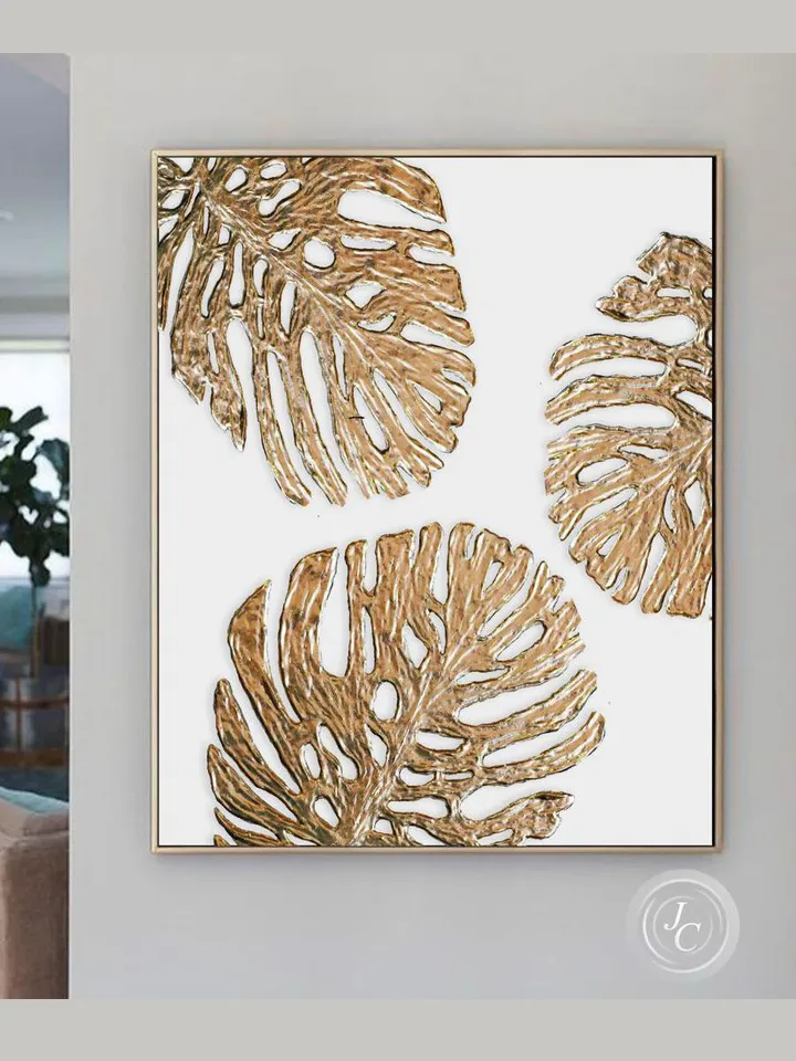 Gold Monstera leaves Painting White and Gold Abstract Wall Art | Botanical Original Art Modern artwork