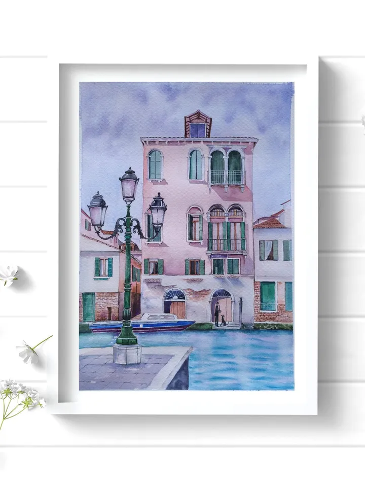Original Watercolor Painting Urban Landscape Art Pink House Artwork House on Venetian Canal Picture 30x40 cm by SoftWaves
