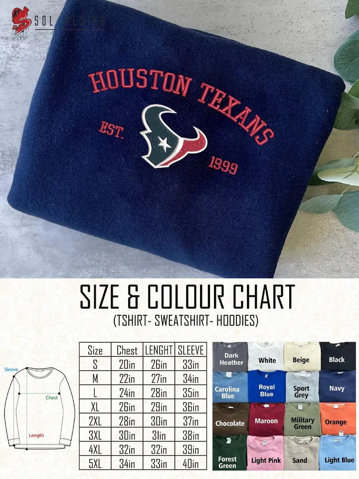 NFL Houston Texans Est 1999 Embroidered Sweatshirt, NFL Houston Texans Team Embroidered Shirt, Unisex Game Day Crewneck, Football Fan Gift Tee