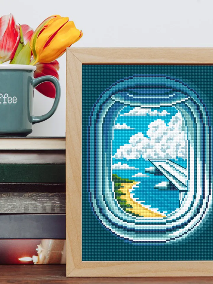 Airplane window cross stitch pattern download PDF Summer sea landscape cross stitch chart Nature cross stitch sampler Travel lover gift #L48