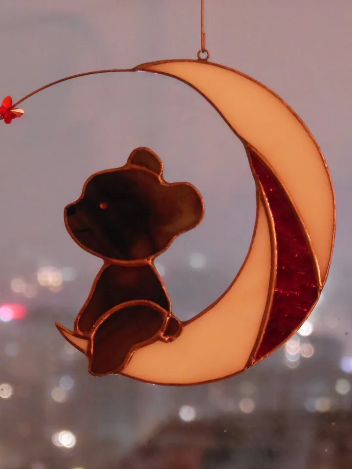 Bear on Moon with Butterfly . Swarovski Сrystal .  Stained glass window hanging Suncacher