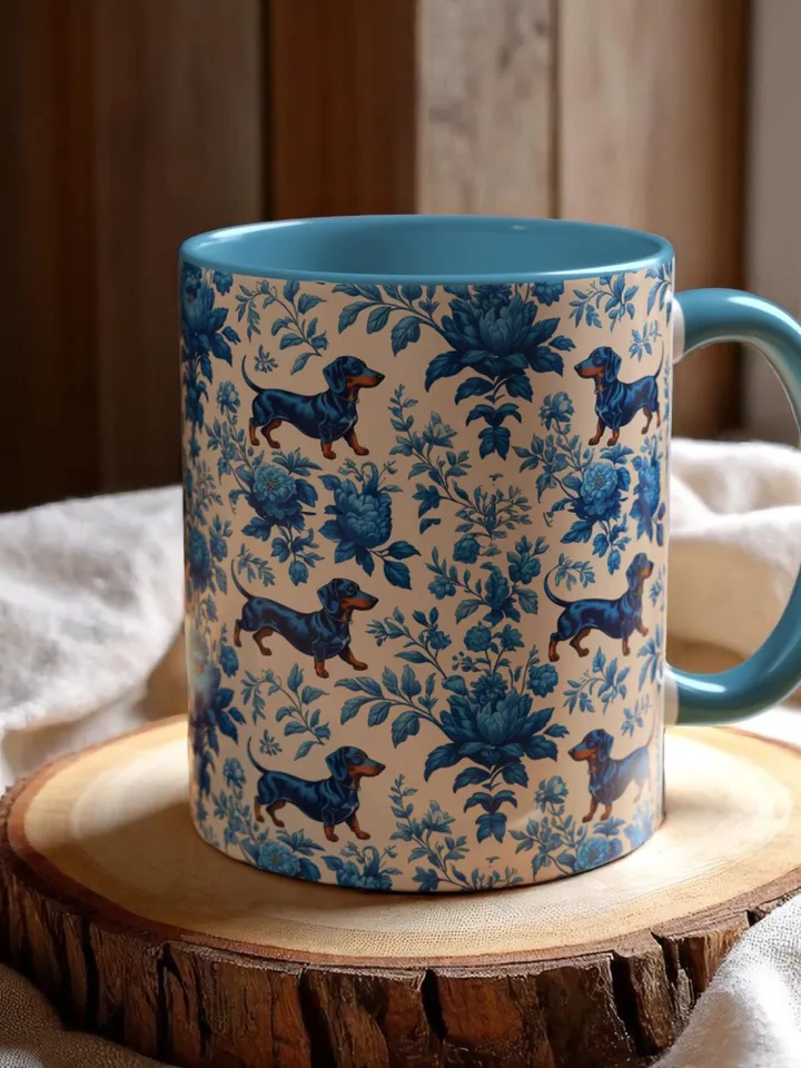Dachshund French Toile de Jouy Ceramic Mug, Toile Coffee Cup for Doxie Mom, Sausage Dog Lover Gifts, Dog Tea Drinkware, Gift For Dog Lovers
