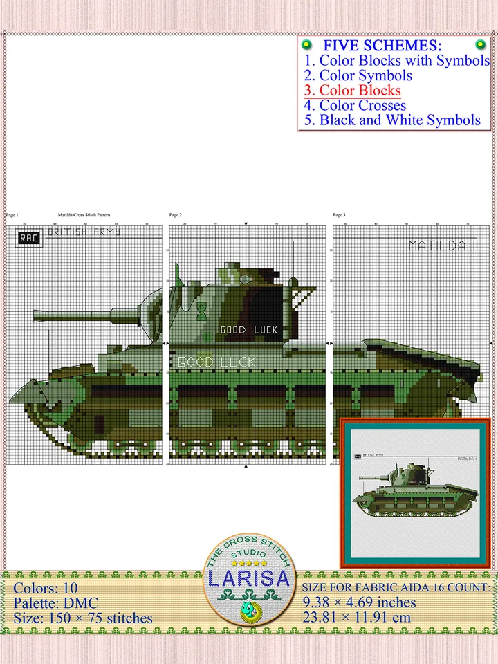 Matilda Cross Stitch Pattern | WWII British Infantry Tank | Matilda II Tank Embroidery Chart