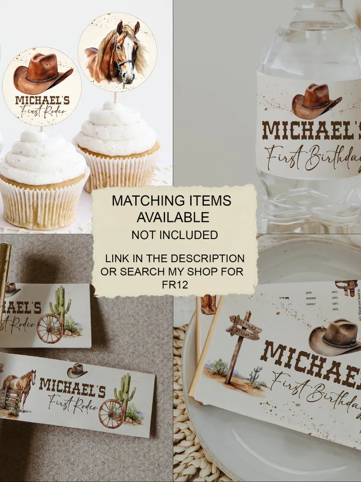 First Rodeo Wild West Birthday Invitation template; Wild West My First Rodeo Bday Western Invite ; Our Little Cowboy is One; Cowboy fr12