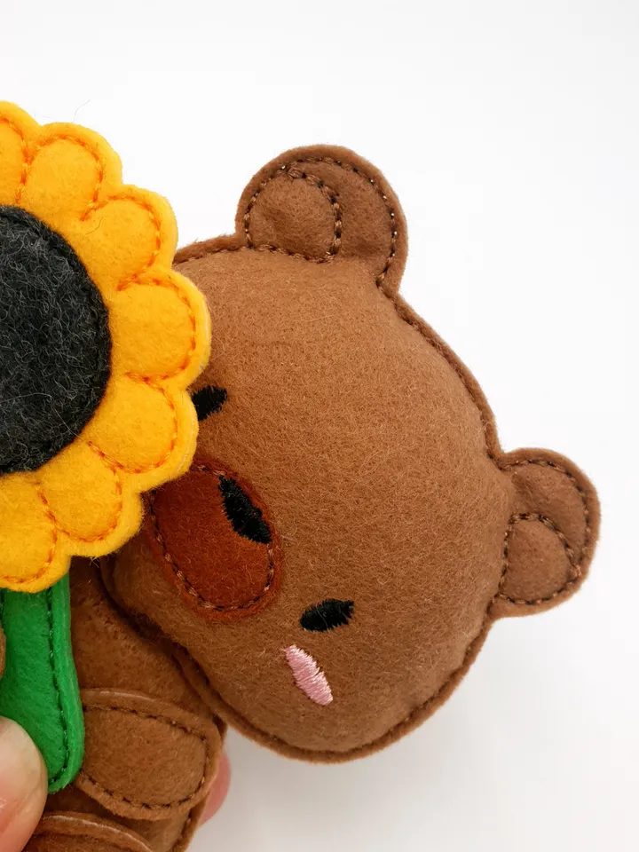 ITH Bear with Sunflower Embroidery Design, Felt Stuffed Animal Teddy & Flower Toy Pattern, 4x4 Hoop Digital File