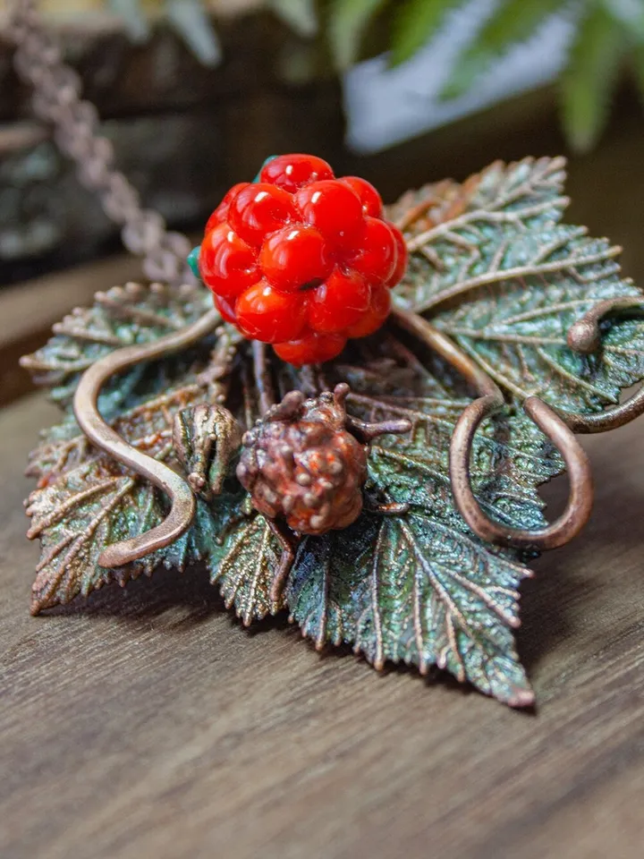 Handmade Copper Pendant Glass Cloudberry Beads, Natural Jewelry, Electroforming, Metal Real Leaf, Great Gift for Her