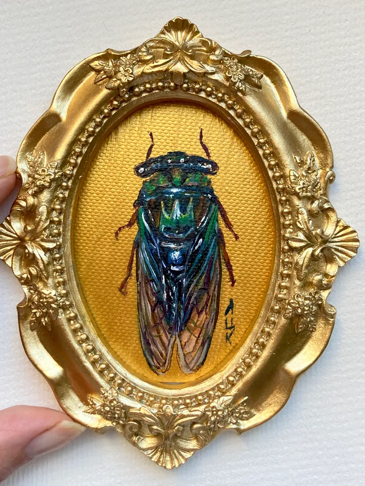 Framed Insect Oil Painting Original Entomology Art Cicada Painting Gold Frame Dark Academia