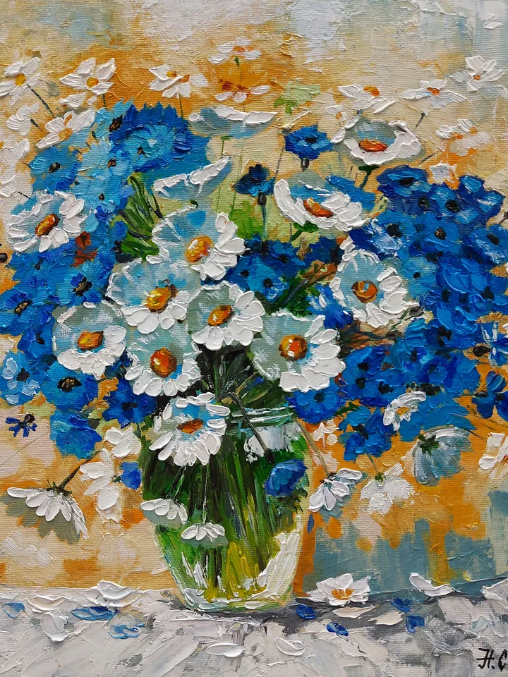Original oil painting Daisies and cornflowers Bouquet of wildflowers 12" by 12" (30x30cm) by OilPaintingNatali