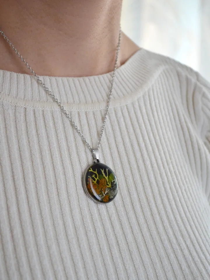 Lichen pendant. Pendant with lichen in resin. Necklace with real lichen. Forest medallion with lichen and moss in resin.