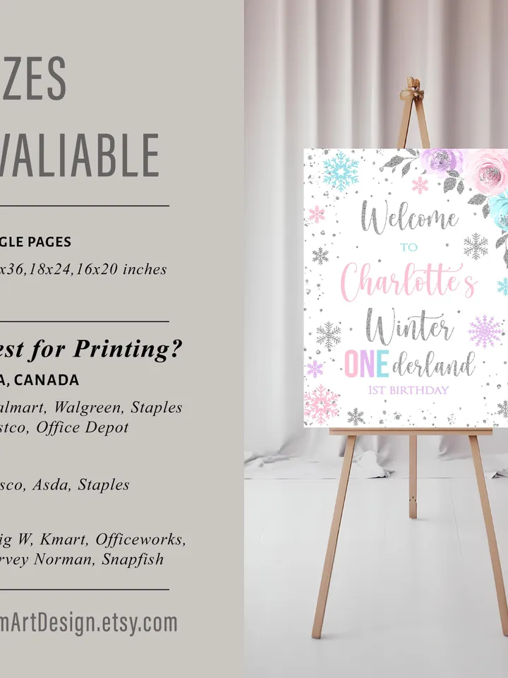 Winter Onederland Welcome Sign, Winter Onederland 1st Birthday Girl Decor, Pink Purple Teal Silver Snowflake Birthday Sign, Editable i098