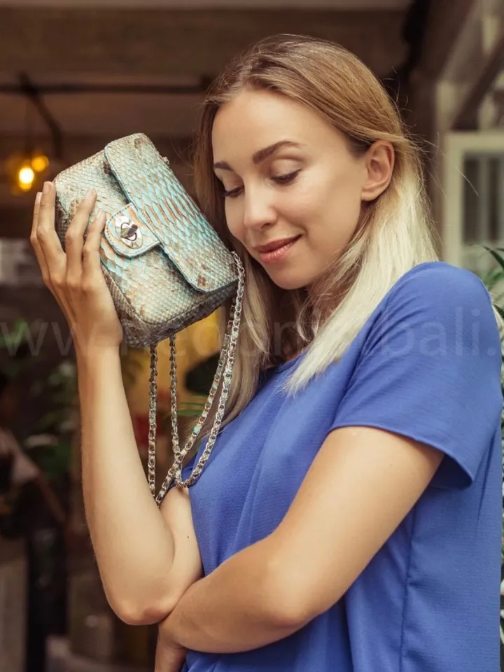 Light blue Crossbody Bag Genuine Python Skin | Adjustable Chain Classy Elegant Bright Blue Crossbody Small Lady Summer Bag | Python Purse
