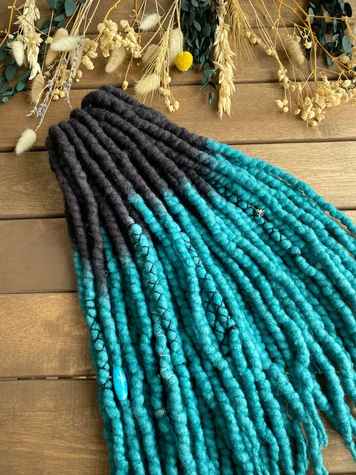 Black and turquoise ombre Wool Double Ended dreadlocks🖤