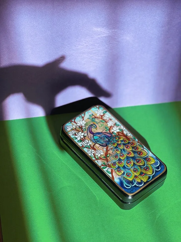 Beautiful Lacquer Box "Peacock" Hand painted miniature painting jewelry box Mother of pearl Papier mache Art gift Fedoskino