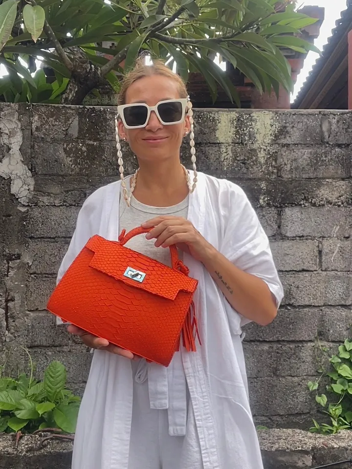 Top handle orange classy genuine python skin bag | exotic leather bags | Elegant women purse | snake skin bag | designer leather bag