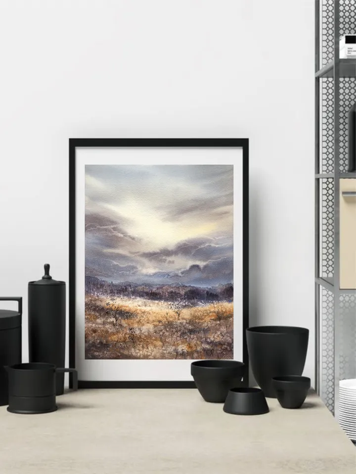 Landscape Watercolor Painting Fields Landscape Meadow Painting